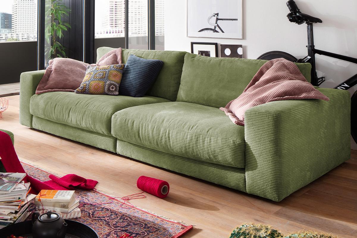 SOFA 3-SITZER MADELINE Grün Cord - Schwarz/Olivgrün, Textil (290/85/127cm) - KAWOLA