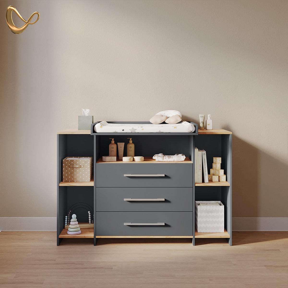 WICKELKOMMODE Torino Anthrazit/Goldkraft Eiche mit 3 Schubladen - Honigeiche/Anthrazit, Holzwerkstoff (143.2/93/53.1cm) - Livinity®
