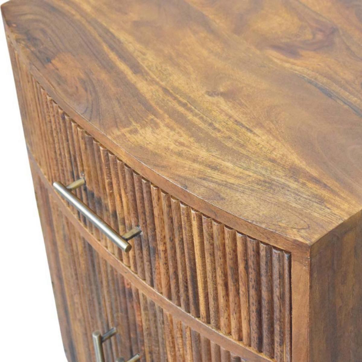 NACHTKASTEN Massivholz Geschwungen Geriffelt, 1 Schublade und 2 Regale mit Türen, Dunkelbraun - Hellbraun/Messingfarben, Holz/Metall (50/60/40cm) - Artisan Furniture