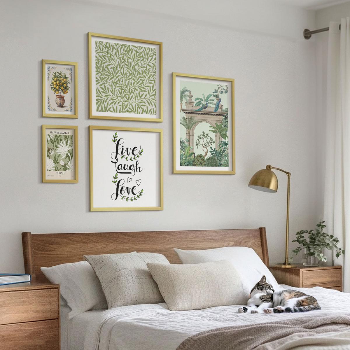 BILDER SET 5er Set - 50x50 cm & 20x30 cm & 40x60 cm Goldrahmen - Grüne Blätter exotischer Pflanzen - Goldfarben, Kunststoff (40/60cm) - TULUP