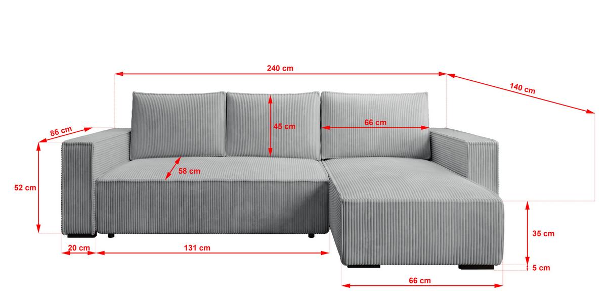 ECKSOFA CUDDY L, Eckcouch in L-Form mit Schlaffunktion und Bettkasten, Farbe: Grau, Cordstoff, Ottomane Rechts - Grau, Textil (240/140cm) - Storez24