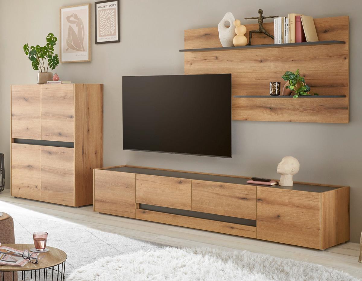 WOHNWAND Evoke Eiche, grau inklusive Beleuchtung, Wohnkombination Set 3-teilig, 343 cm - Eichefarben/Schwarz, Holzwerkstoff/Kunststoff (360/180/45cm) - Furn.Design
