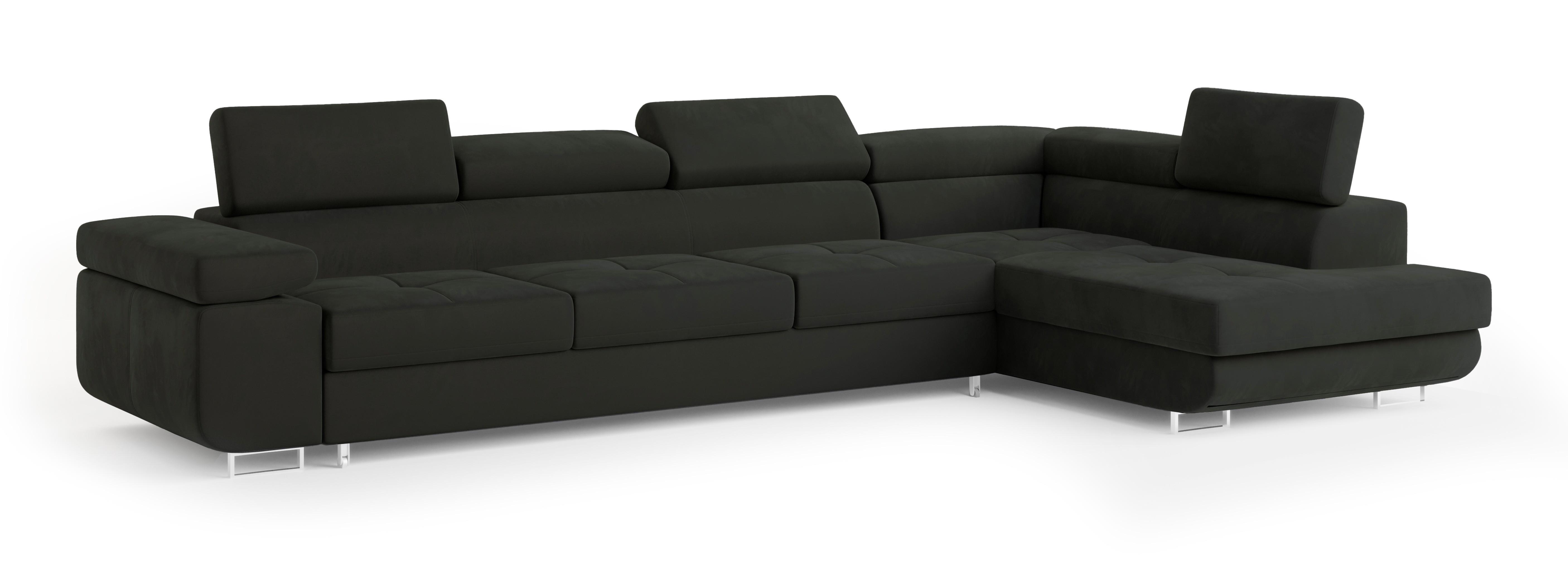 ECKSOFA VICENTE Schwarz Velours-Stoff mit Schlaffunktion - Schwarz, Holz (346/202cm) - MASSENO