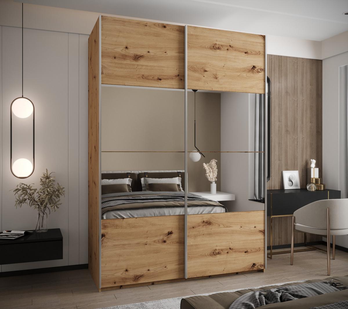 SCHWEBETÜRENSCHRANK 245,5/170/64 2-türig - Silberfarben/Eiche Artisan, Holz/Metall (170/245/64cm) - Abiks Möbel