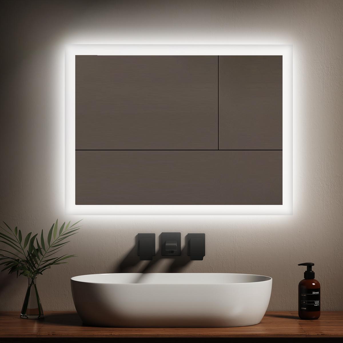 BADSPIEGEL mit Beleuchtung, mechanischem Schalter & Antibeschlag-Funktion, 80/60 cm - Transparent, Glas (80/60/3.5cm) - EMKE