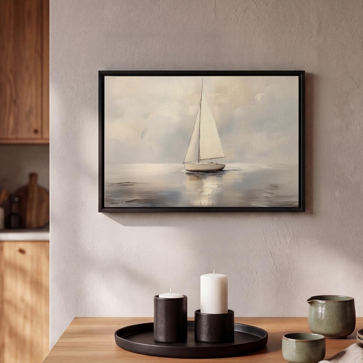 LEINWAND Bilder mit Rahmen - Segelschiff - Meer - Bewölkt - 30x20 - Creme, Textil (30/20cm) - MuchoWow