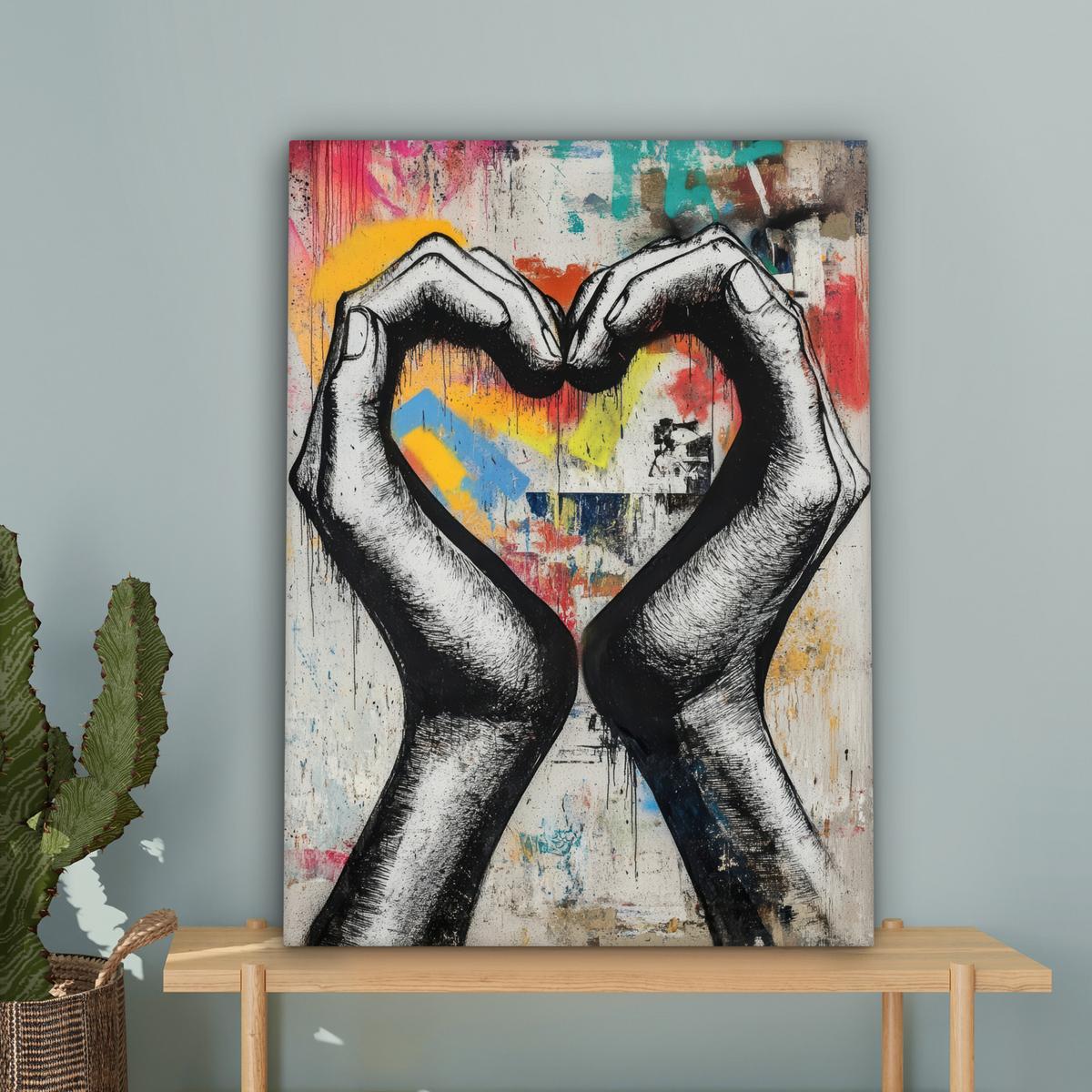 LEINWANDBILD Hände - Herz - Straßenkunst - Graffiti Wandbild Wohnzimmer 60x80 cm - Multicolor, Textil (60/80cm) - MuchoWow