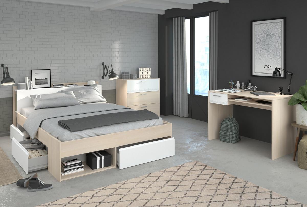 JUGENDZIMMER Set mit Stauraumbett 140 x 200 Schreibtisch Kommode - Silberfarben/Weiß, Holz/Holzwerkstoff (140/79/200cm) - Parisot Meuble
