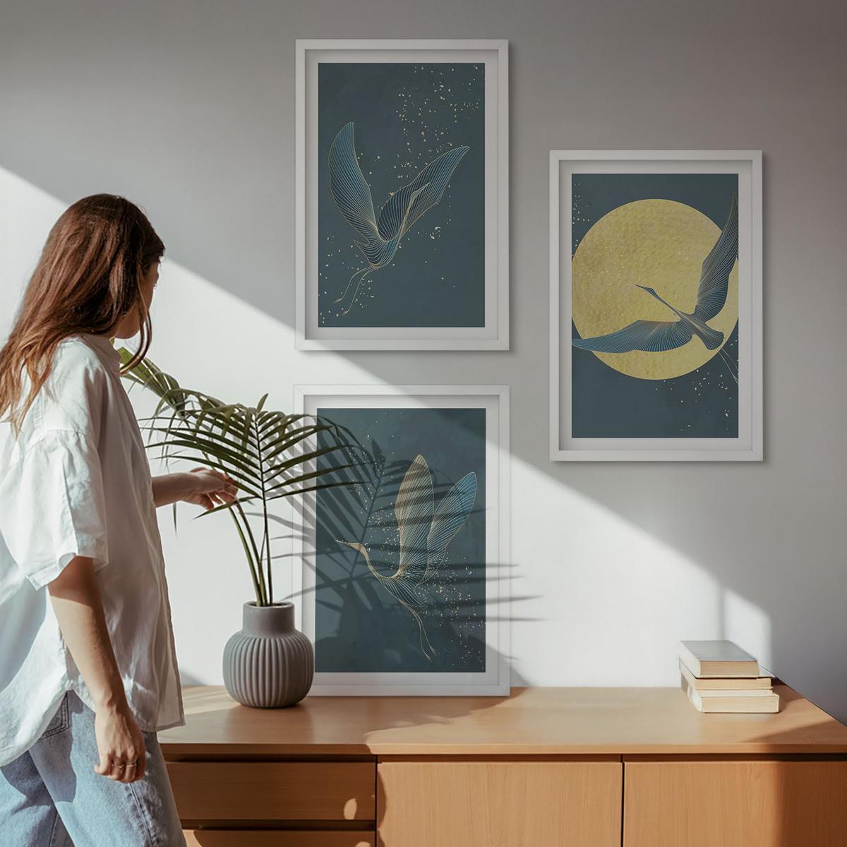 BILDER SET 3er Set - 40x60 cm Weißer Rahmen - Kraniche im Flug bei Nacht - Weiß, Kunststoff (40/60cm) - TULUP
