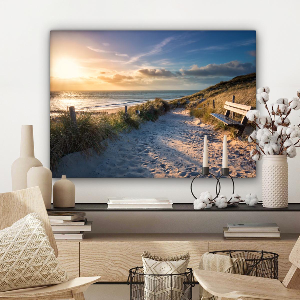LEINWANDBILD Sonnenuntergang - Strand - Düne - Gras - Ufer Wandbilder 80x60 cm - Sandfarben, Textil (80/60cm) - MuchoWow