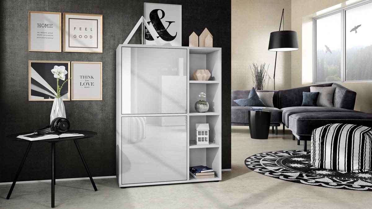 WOHNZIMMERSET Miami Weiß Hochglanz - Weiß Hochglanz, Holzwerkstoff (214.5/105.5/35.5cm) - Vladon