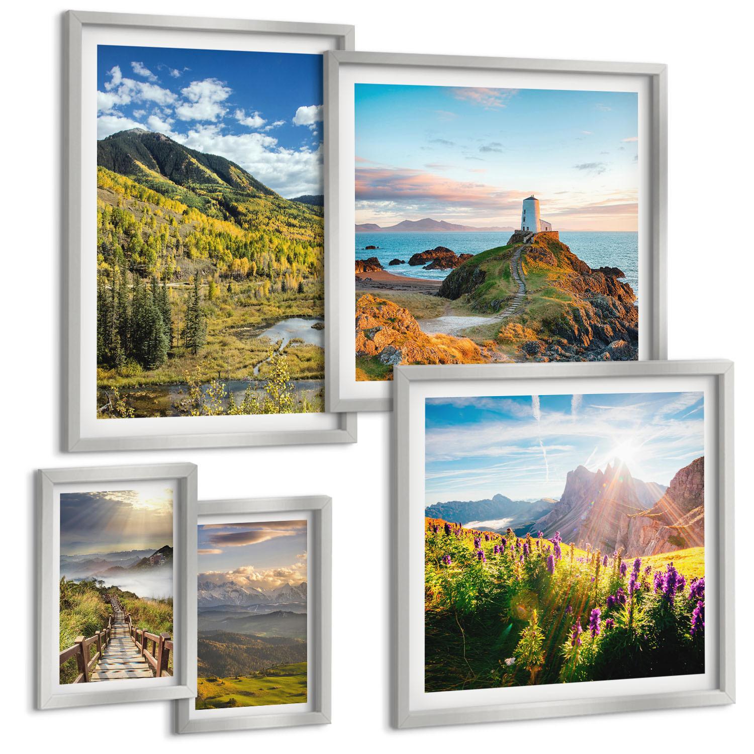 BILDER SET 5er Set - 50x50 cm & 20x30 cm & 40x60 cm Silberner Rahmen - Berglandschaften Wasserfall - Silberfarben, Kunststoff (40/60cm) - TULUP