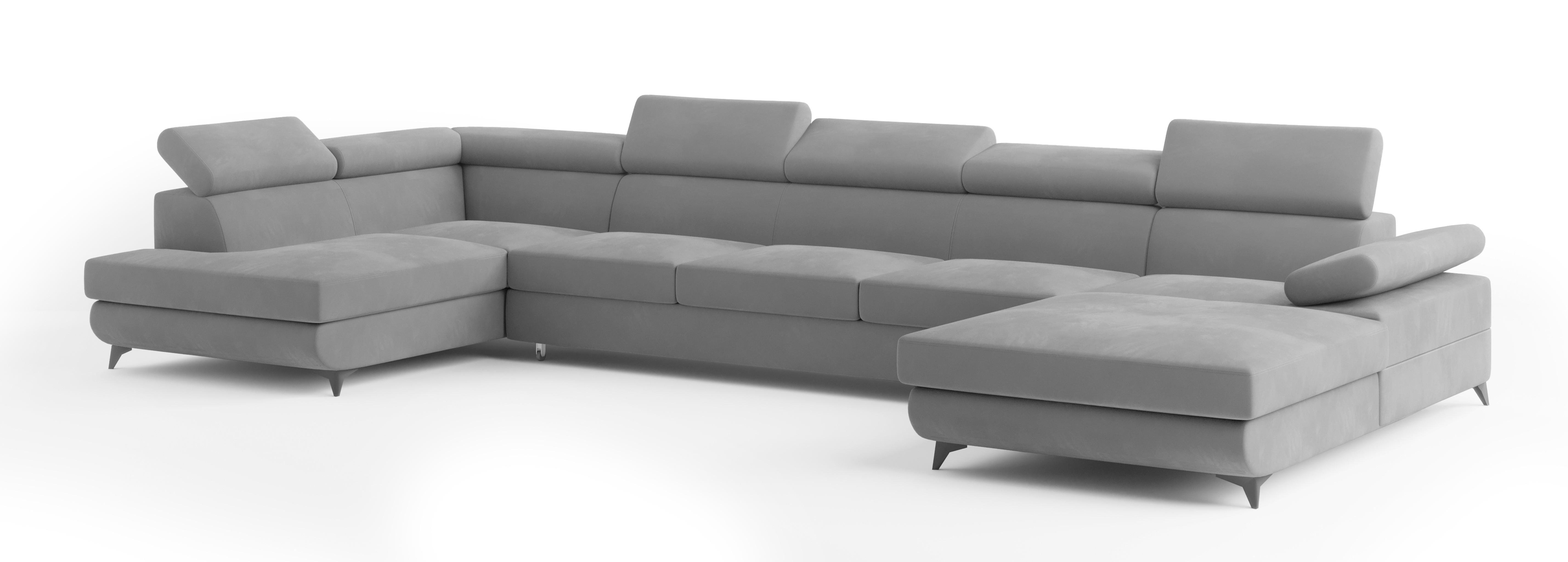WOHNLANDSCHAFT MONTIVA Grau Velours-Stoff mit Schlaffunktion - Grau, Holz (410/89/190cm) - MASSENO