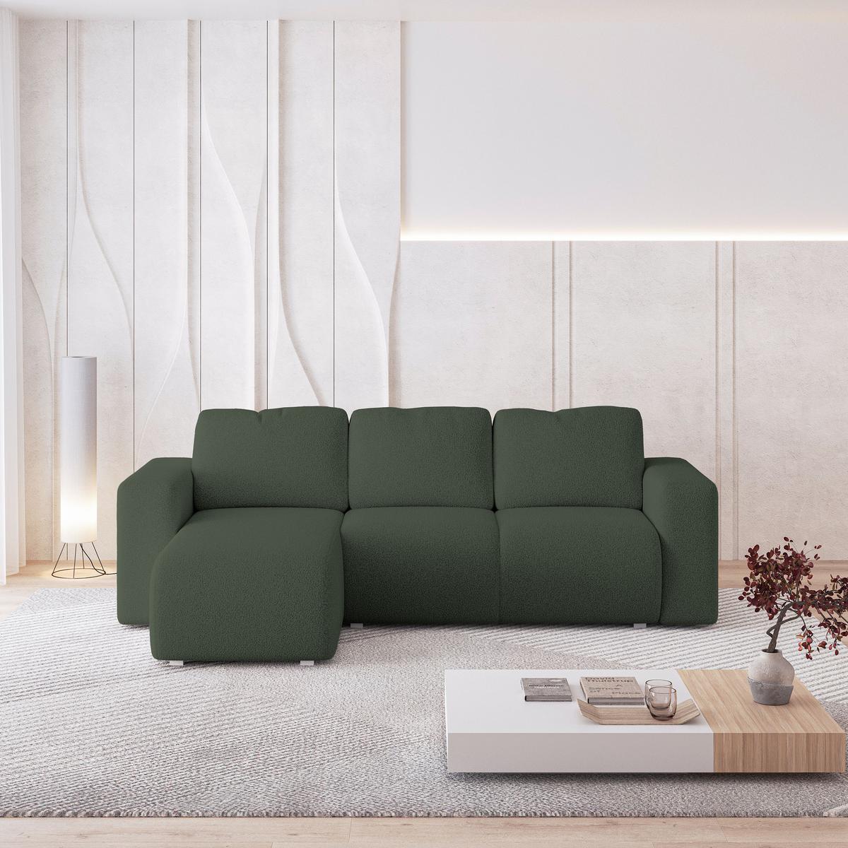 ECKSOFA RINOVA Grün Boucle-Stoff mit Schlaffunktion - Grün, Holz (250/143cm) - MASSENO