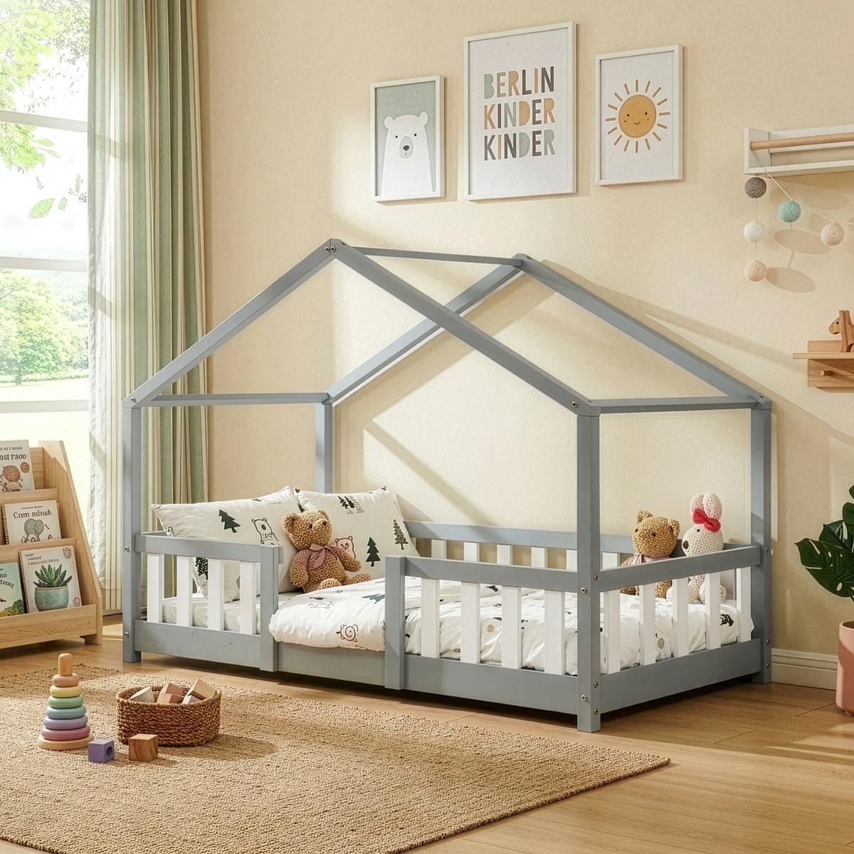HAUSBETT Treviolo - Hellgrau/Weiß, Holz (80/160cm) - [en.casa]
