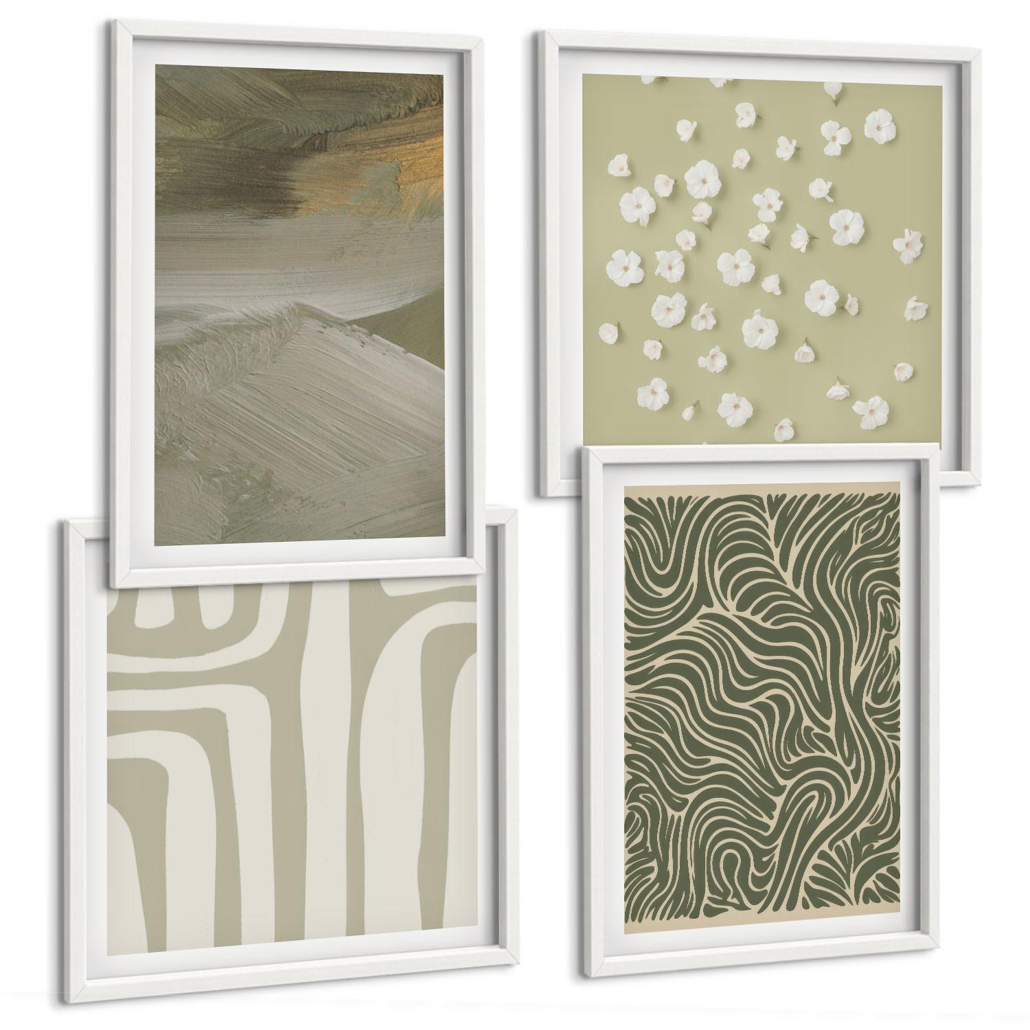 BILDER SET 4er Set - 50x50 cm & 40x60 cm Weißer Rahmen - Abstrakte Boho-Muster - Weiß, Kunststoff (50/50cm) - TULUP