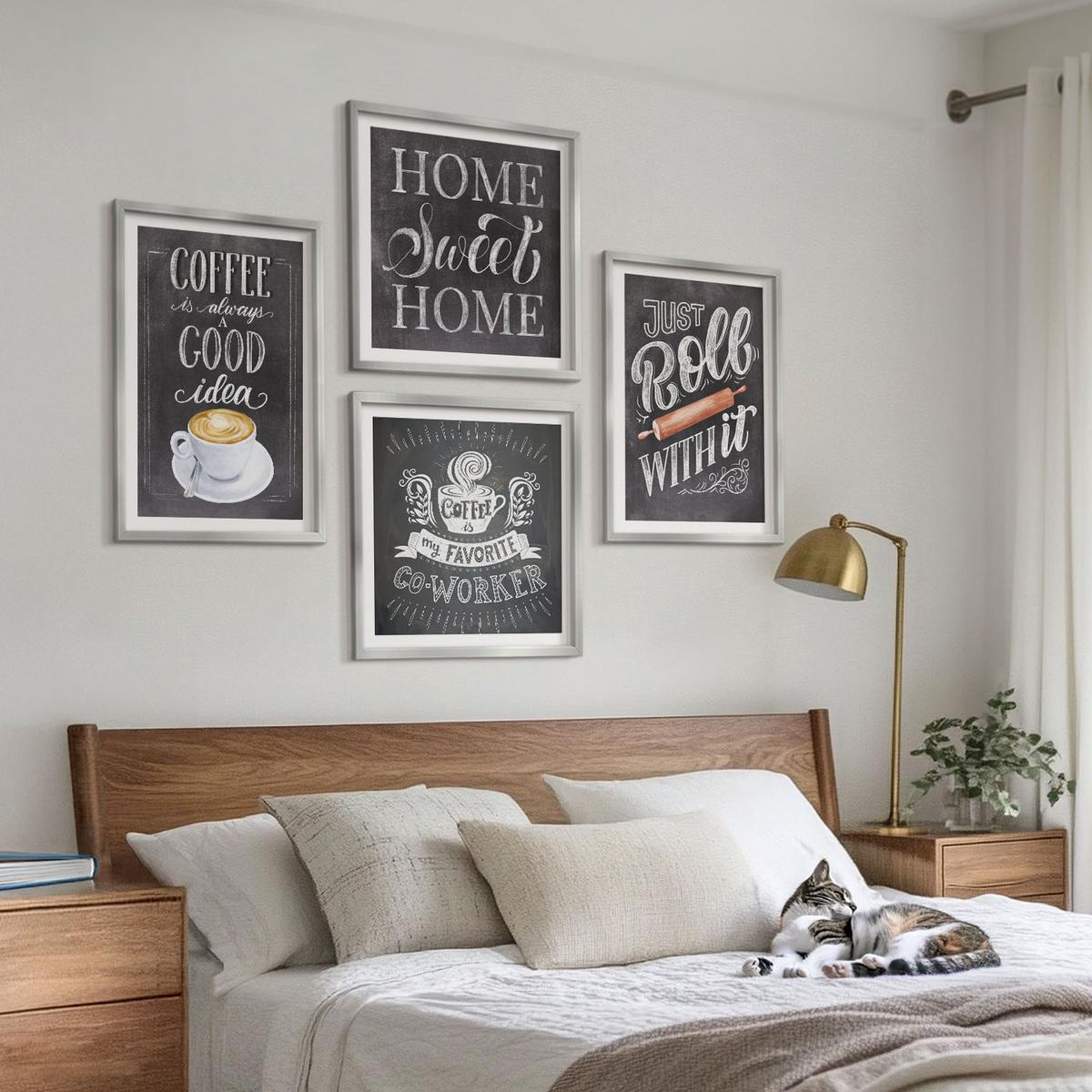 BILDER SET 4er Set - 50x50 cm & 40x60 cm Silberner Rahmen - Kaffeeroller, heimelige Wärme - Silberfarben, Kunststoff (50/50cm) - TULUP