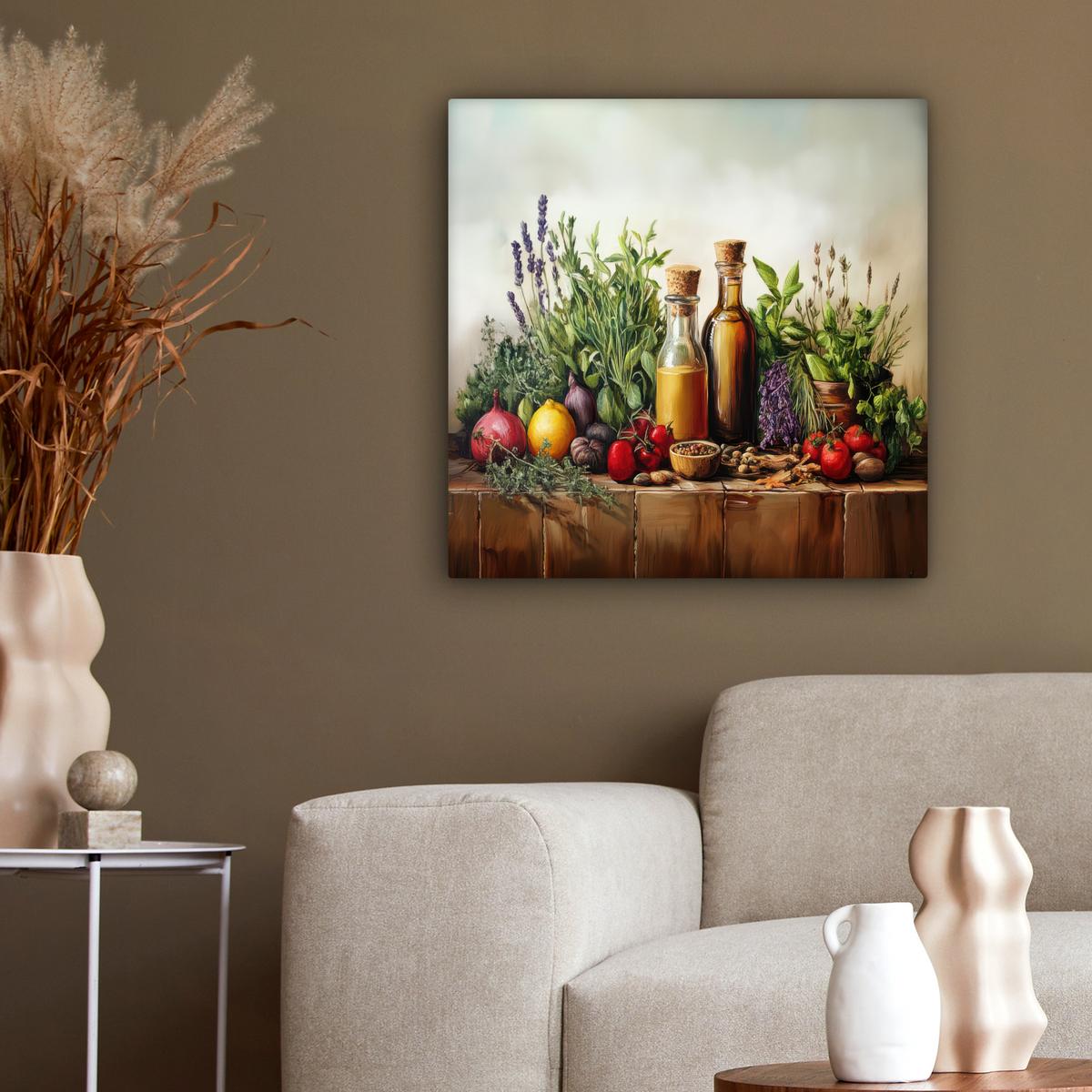 LEINWANDBILD Stilleben - Kräuter - Gewürze - Früchte - Farbenfroh Wandbild Wohnzimmer 50x50 cm - Grün, Textil (50/50cm) - MuchoWow