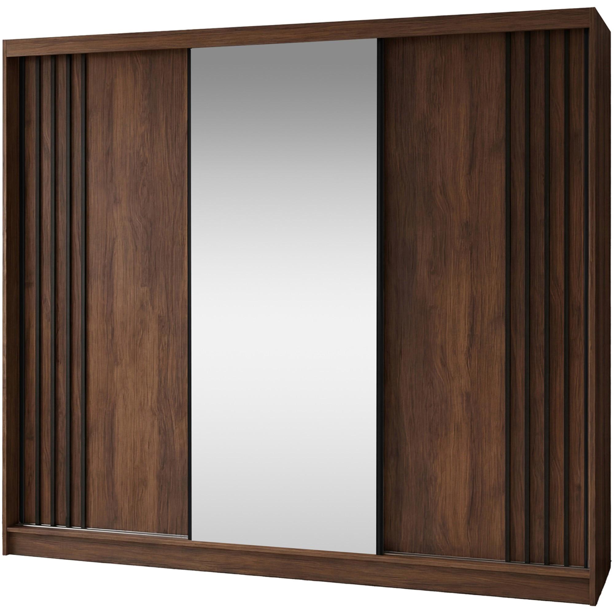 SCHWEBETÜRENSCHRANK Nela II mit Schubladen und Spiegel 240/216/61 Walnuss+Schwarz - Walnussfarben, Holzwerkstoff (240/216/61cm) - Beautysofa