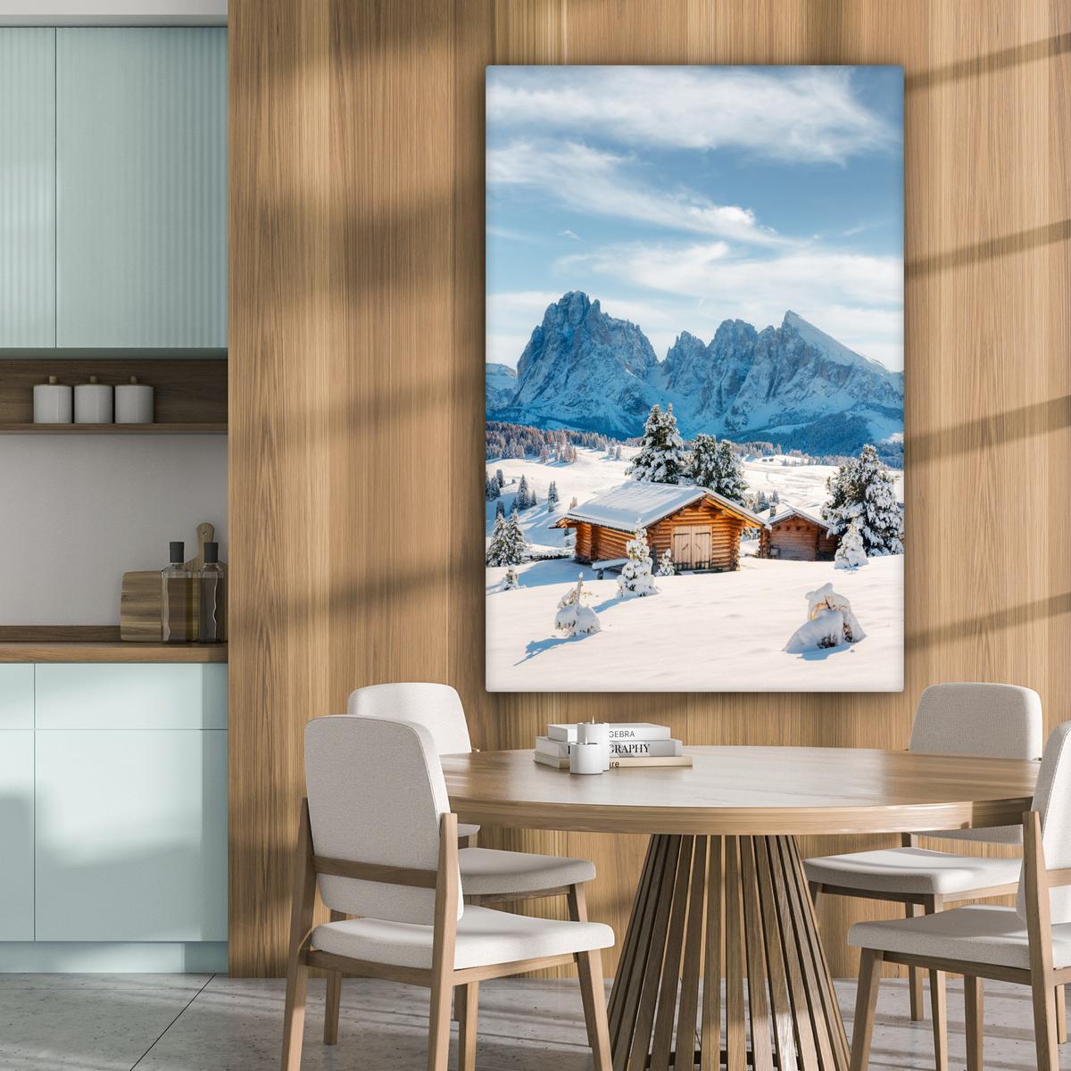 LEINWANDBILD Winter - Hütte - Berge - Aussicht - Schnee Deko XXL 80x120 cm - Eichefarben, Textil (80/120cm) - MuchoWow