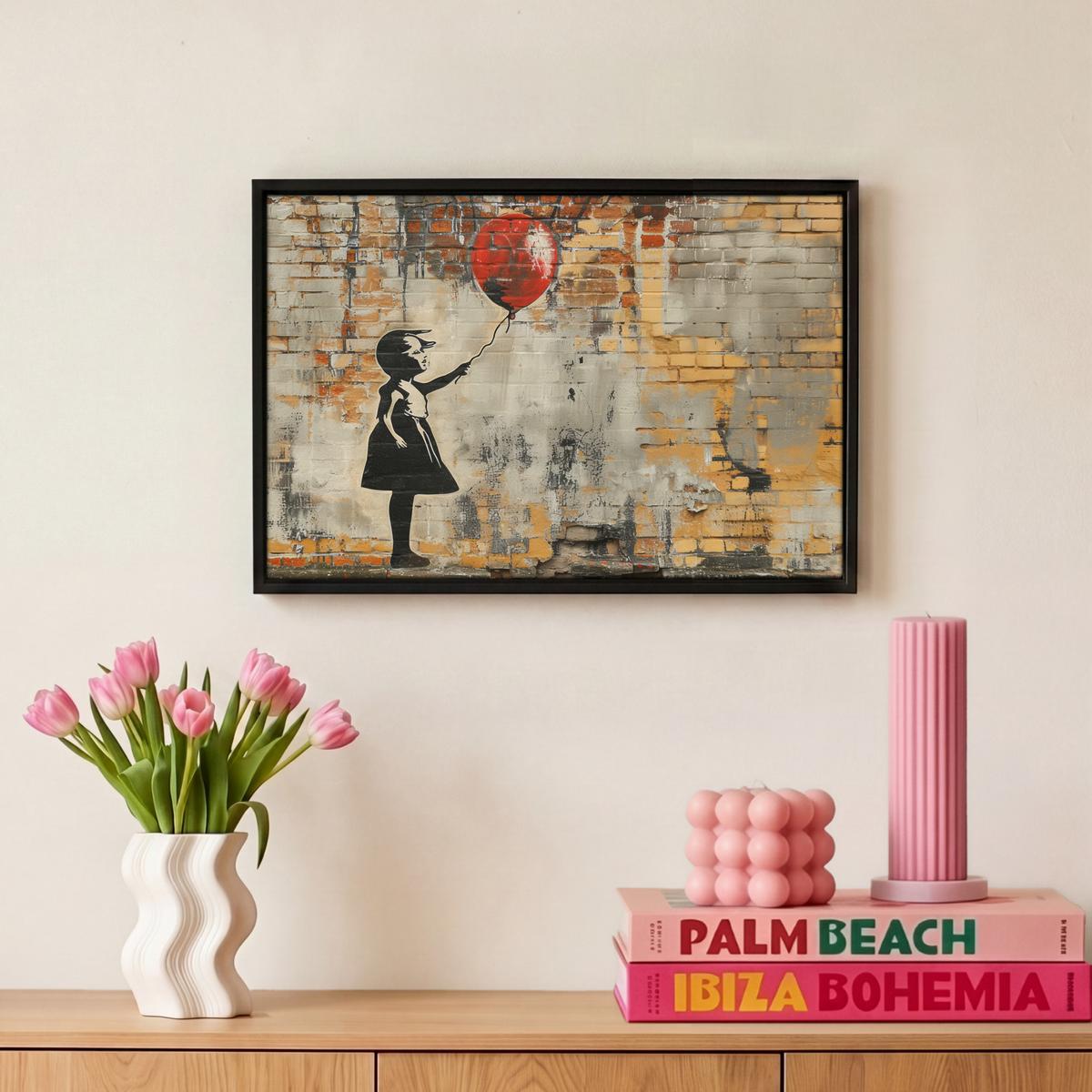 LEINWAND Bilder mit Rahmen - Graffiti - Banksy - Mädchen - Straßenkunst - 30x20 - Sandfarben, Textil (30/20cm) - MuchoWow