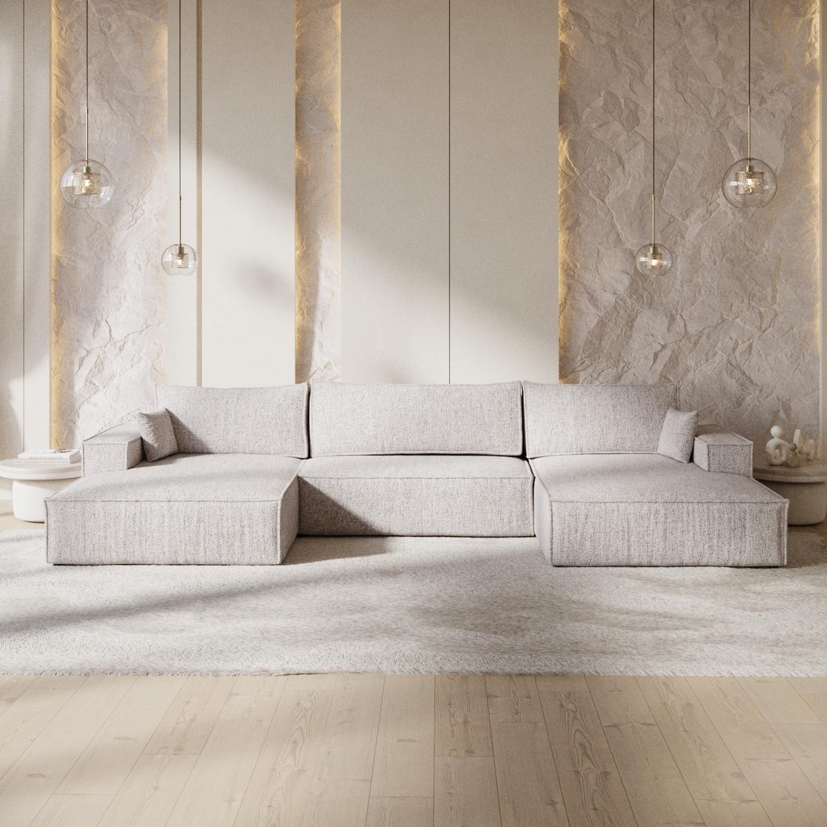WOHNLANDSCHAFT NUBO mit Schlaffunktion Creme im Neve Stoff - Beige/Schwarz, Holz/Holzwerkstoff (398/70/148cm) - AltaBeds