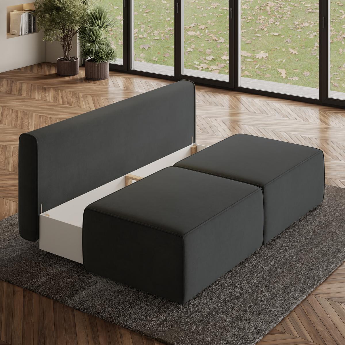 ECKSOFA VARNA M Schwarz Velours-Stoff mit Schlaffunktion - Schwarz/Grau, Holz/Kunststoff (196/158cm) - MASSENO