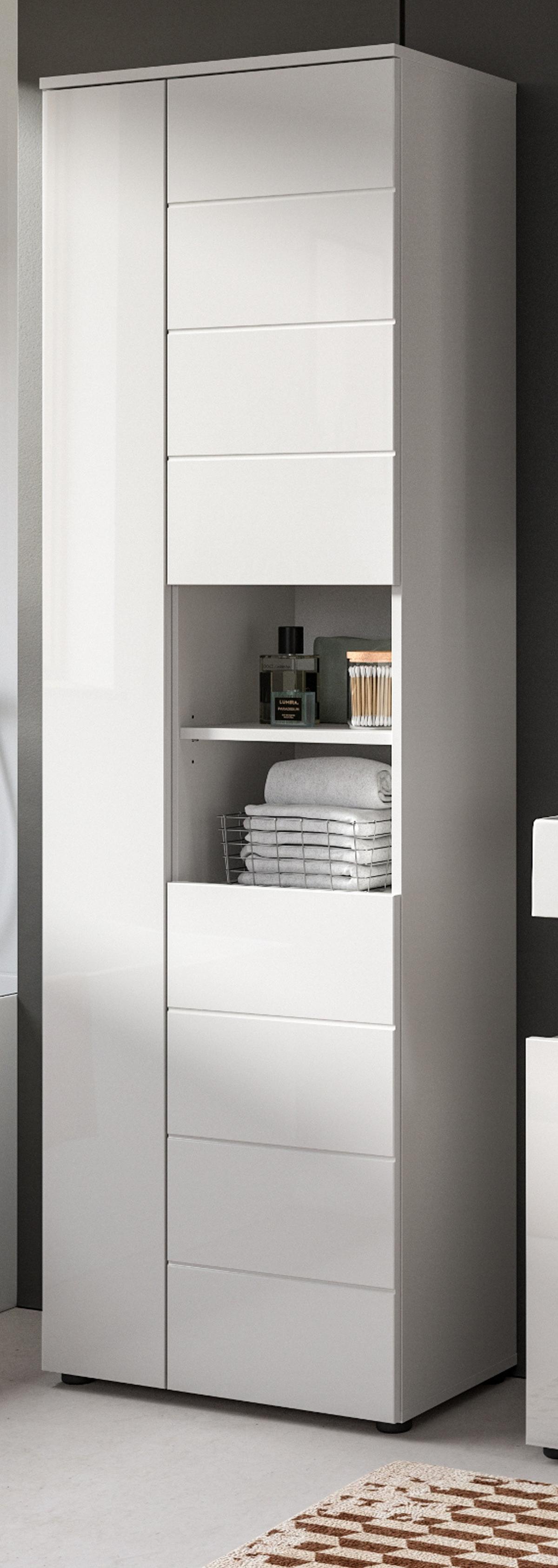 BADSCHRANK weiß Hochglanz 60 x 190 cm, Hochschrank mit 11 Fächern - Weiß Hochglanz/Schwarz, Holzwerkstoff/Kunststoff (60/190/34cm) - Inn.Furn