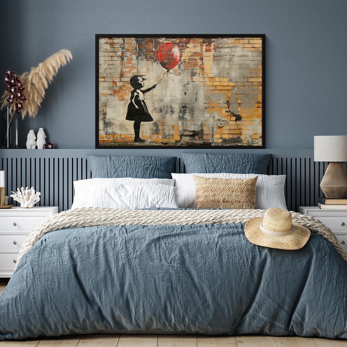POSTER MIT RAHMENGERAHMTES BILD Graffiti - Banksy - Mädchen - Straßenkunst 120x80 cm - Sandfarben, Papier (120/80cm) - MuchoWow