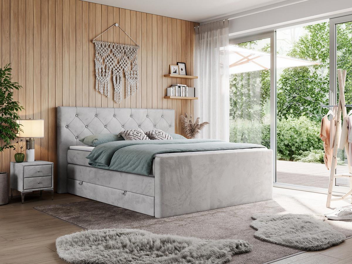 BOXSPRINGBETT KING VELEN 120/200 Hellgrau Velvet - H4 - Hellgrau, Holz/Textil (120/200cm) - MKS