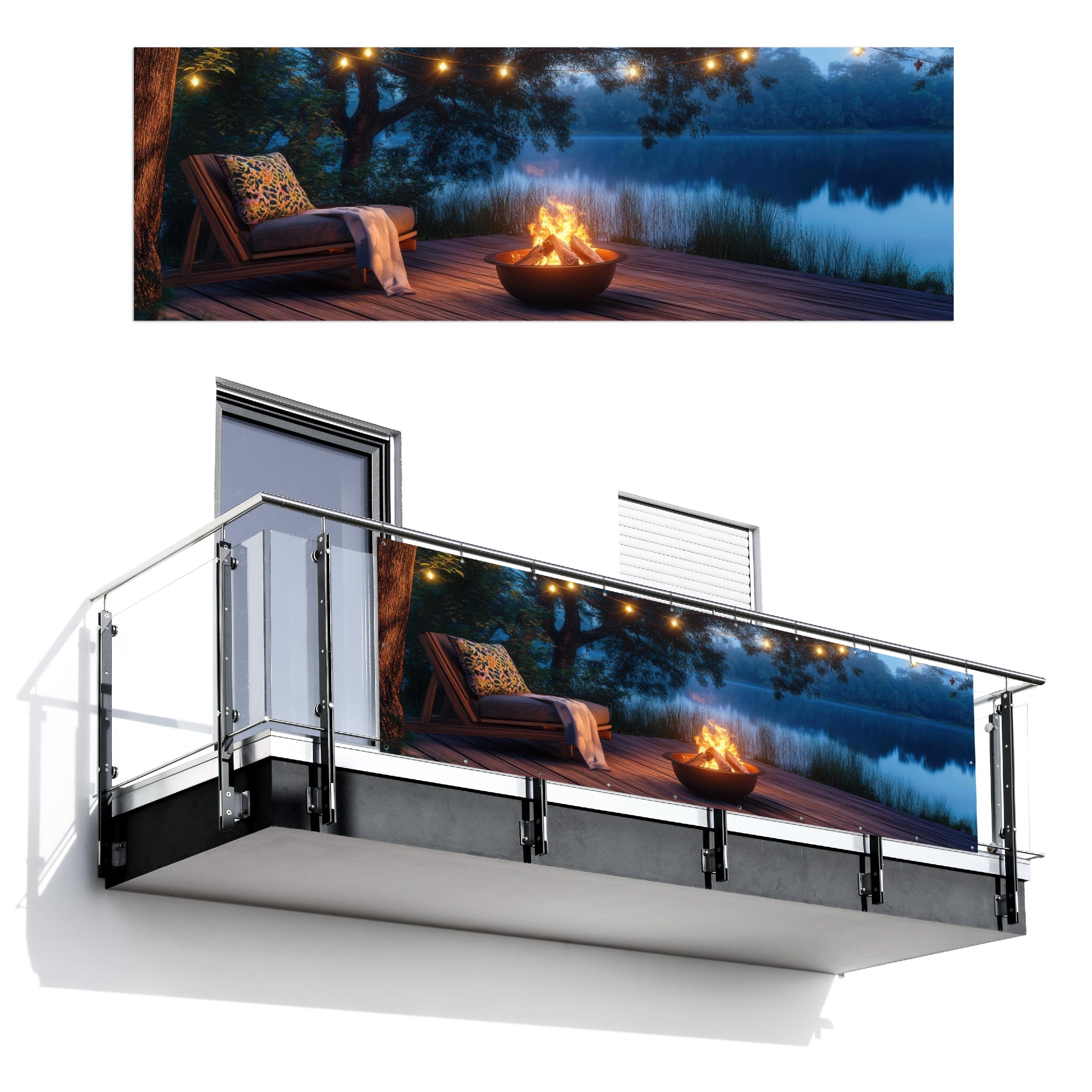 BALKON-SICHTSCHUTZ Lagerfeuer - See - Abendlicht Windschutz 300x100 cm - Dunkelblau, Kunststoff (300/100cm) - MuchoWow