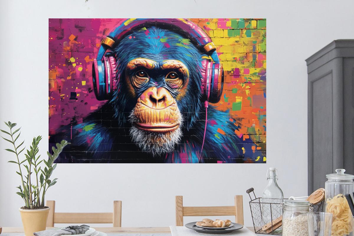 WANDTATTOO Graffiti - Schimpanse - Straßenkunst - Kopfhörer - Affe Wandsticker 120x80 cm - Blau, Kunststoff (120/80/0.1cm) - MuchoWow