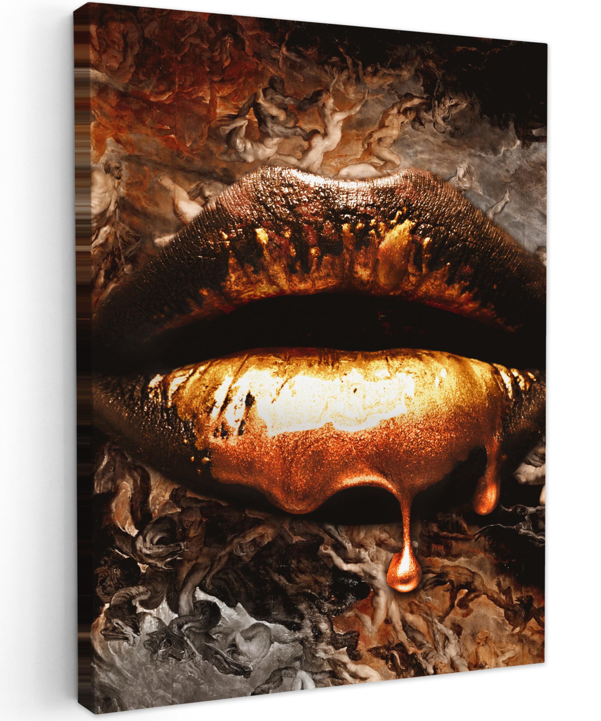 LEINWANDBILD Gold - Lippen - Kunst - Gold - Luxus - Abstrakt Wandbild Wohnzimmer 60x80 cm - Kupferfarben, Textil (60/80cm) - MuchoWow