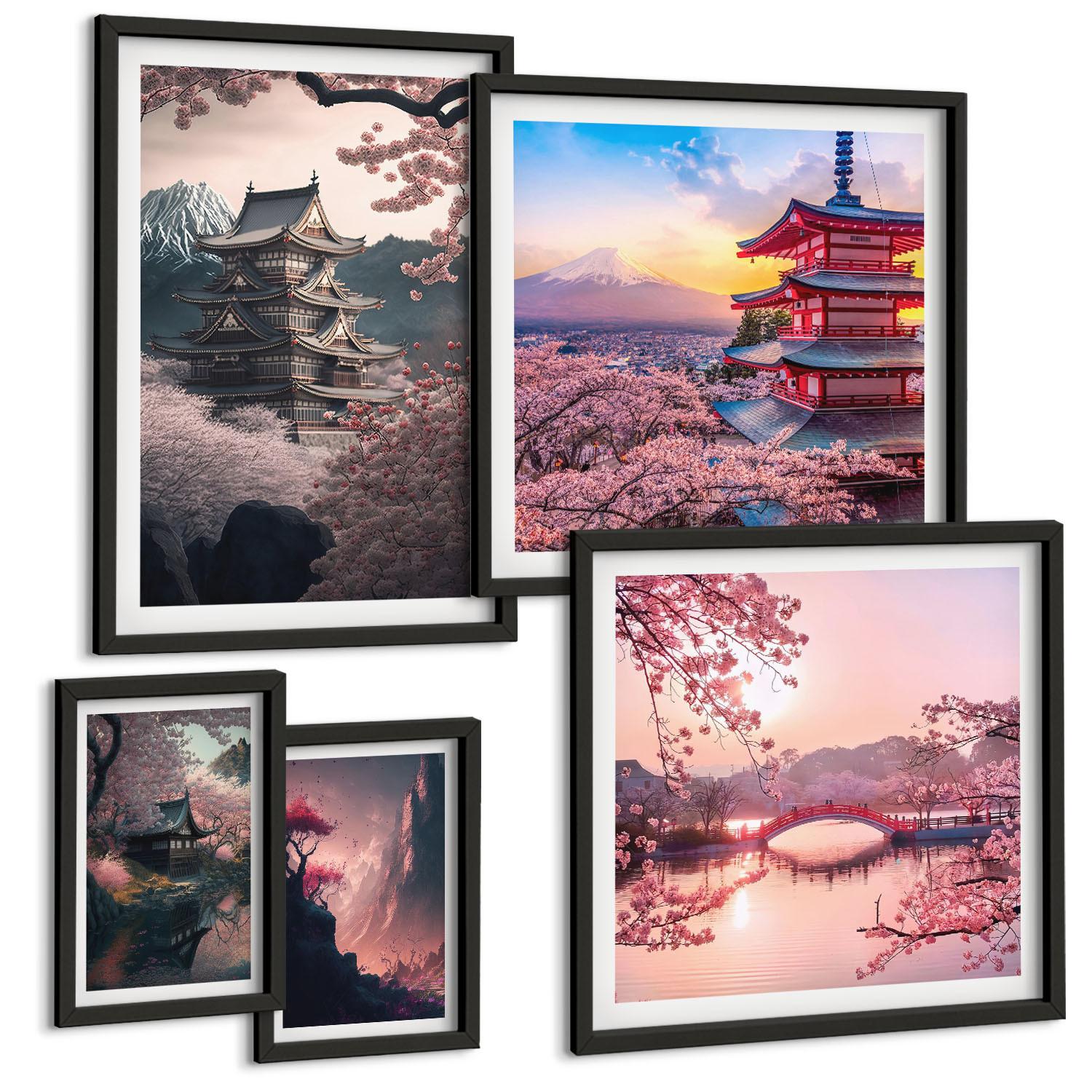 BILDER SET 5er Set - 50x50 cm & 20x30 cm & 40x60 cm Schwarzer Rahmen - Fantasielandschaften Japans - Schwarz, Kunststoff (40/60cm) - TULUP