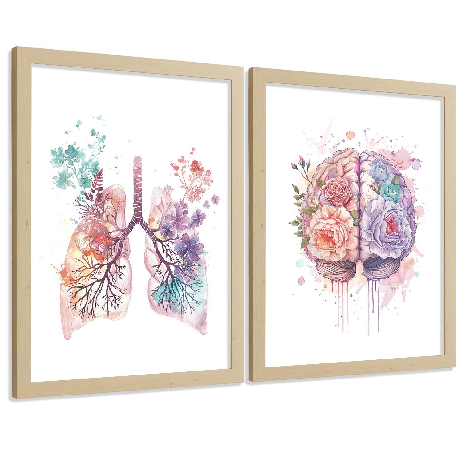 POSTER Set aus 2 Anatomie Mensch Drucke und mit Lungen Luftröhre Bronchien und Gehirn Pastellfarbenes Florales Aquarell Größe Leichter Holzrahmen A3 - Beige, Papier (29.7/42/3cm) - Nacnic