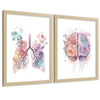 POSTER Set aus 2 Anatomie Mensch Drucke und mit Lungen Luftröhre Bronchien und Gehirn Pastellfarbenes Florales Aquarell Größe Leichter Holzrahmen A3 - Beige, Papier (29.7/42/3cm) - Nacnic
