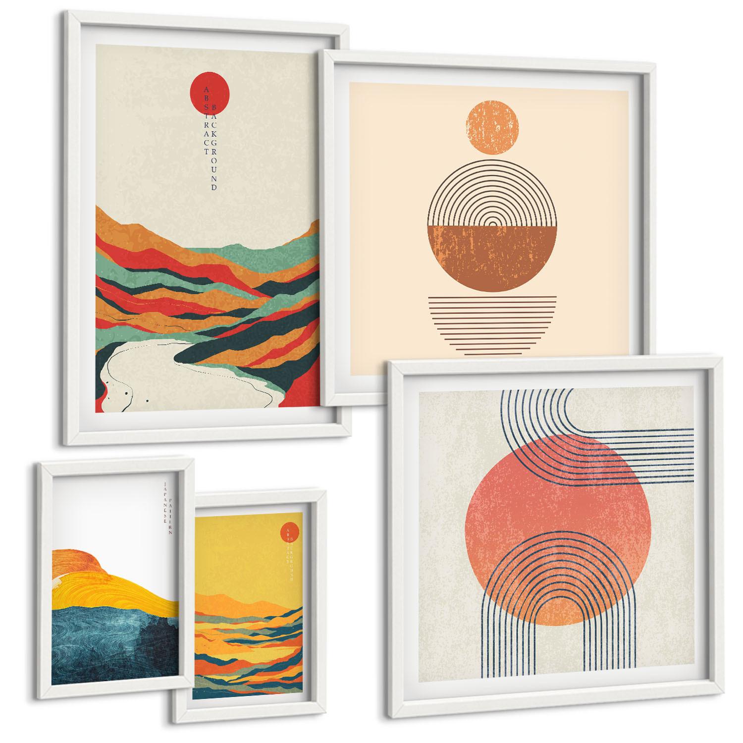 BILDER SET 5er Set - 50x50 cm & 20x30 cm & 40x60 cm Weißer Rahmen - Abstrakte Berglandschaften - Weiß, Kunststoff (40/60cm) - TULUP