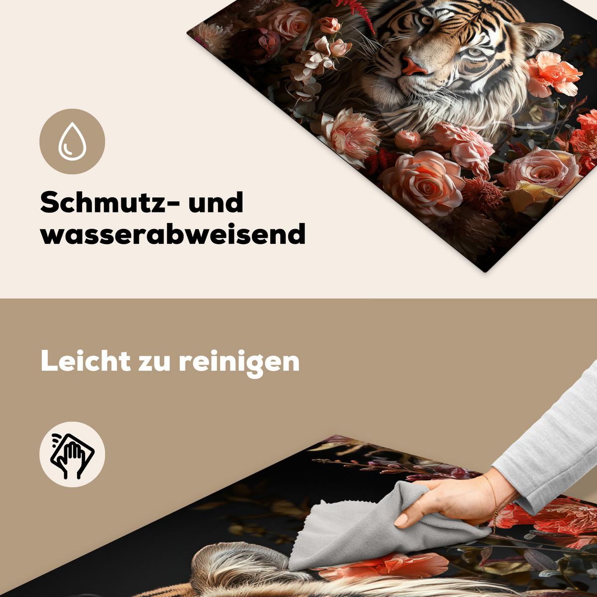 HERDABDECKPLATTE Tiger - Tier - Natur - Floral - Botanisch Herdabdeckung Induktionsfeld 75x52 cm - Orange, Kunststoff (75/52/0.2cm) - MuchoWow