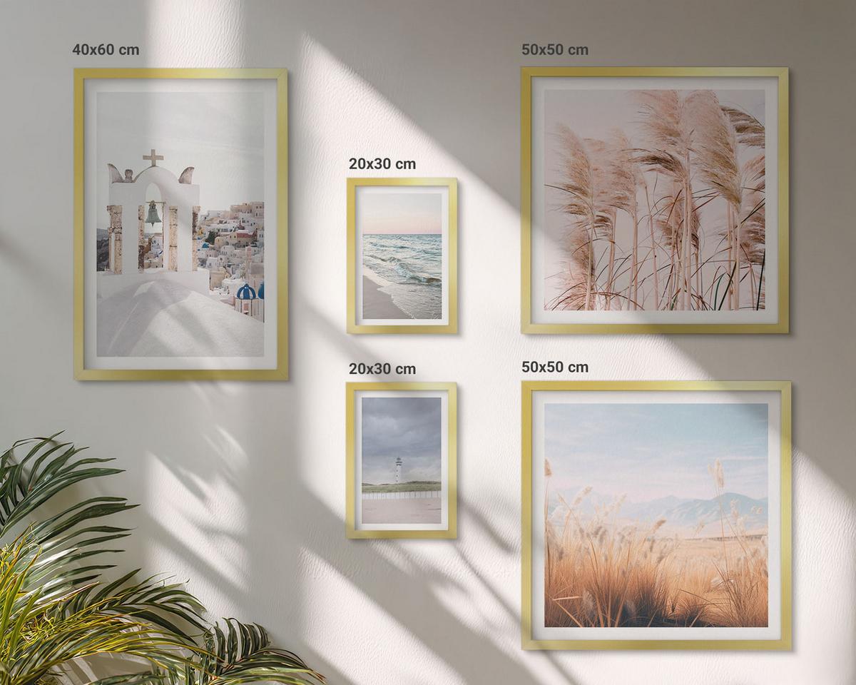 BILDER SET 5er Set - 50x50 cm & 20x30 cm & 40x60 cm Goldrahmen - Pflanzen, Meereswellen, Aussicht, Häuser - Goldfarben, Kunststoff (40/60cm) - TULUP