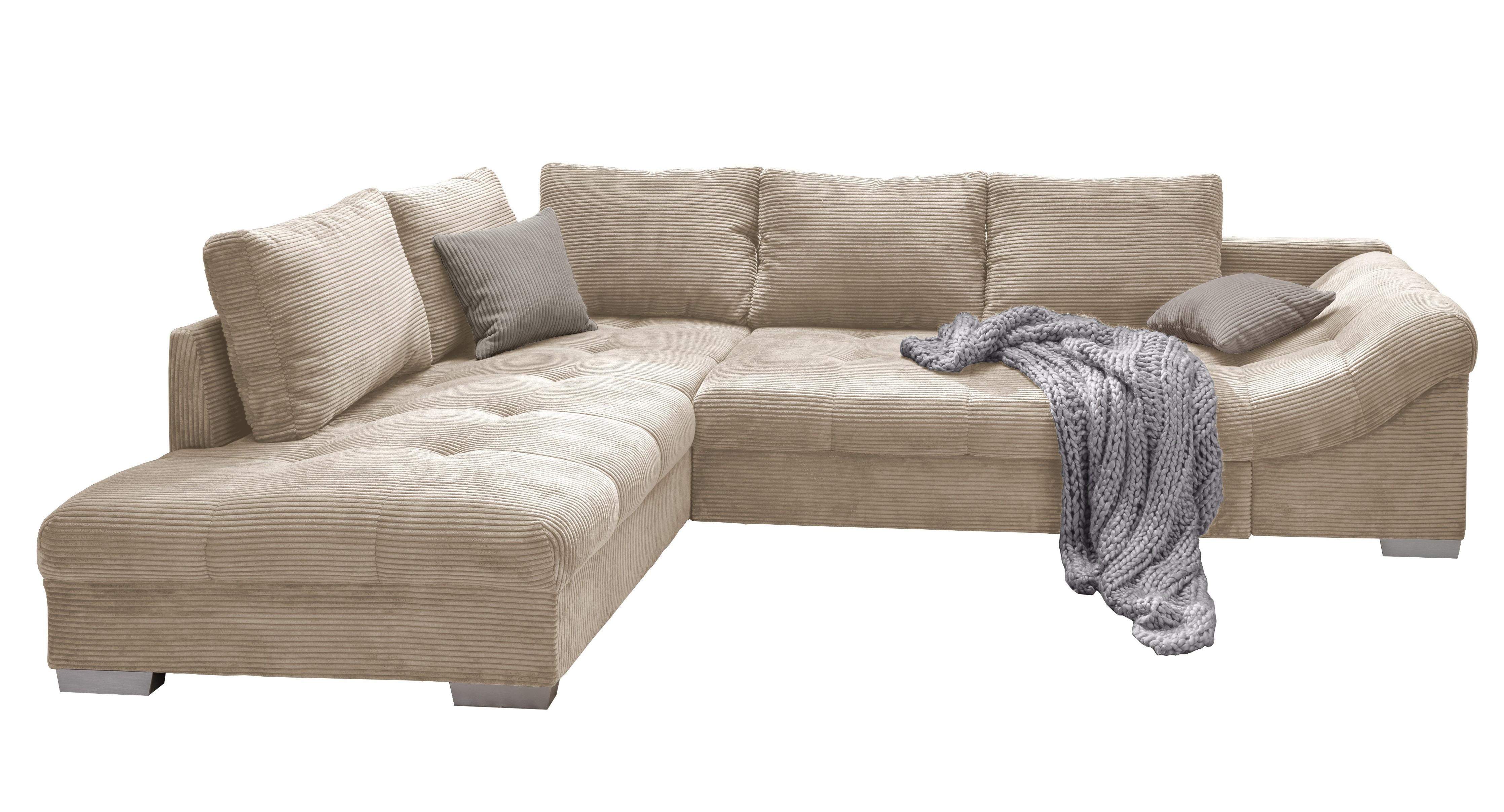 ECKSOFA mit Schlaffunktion, Wellenunterfederung, Ottomane links B298/T202/H84 cm, Liegefl. 154x227 cm, Cord Beige / 17204 - Beige/Silberfarben, Holzwerkstoff/Textil (298/202cm) - luma-home