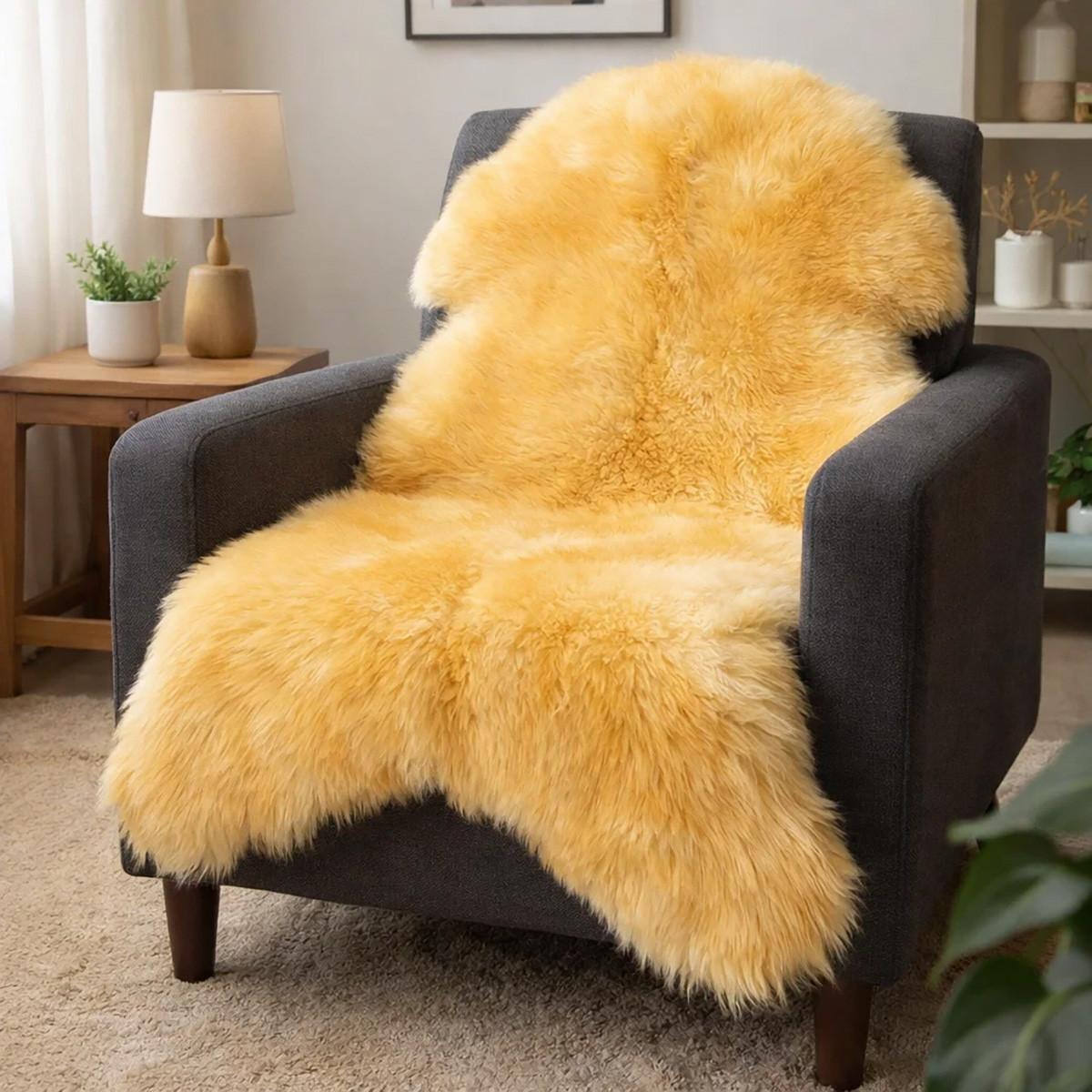 SCHAFFELL Premium Lammfell Natur ungeschoren weiche Wolle Medizinisch gegerbt ca. 105 cm - Gelb, Fell (55/105cm) - Provellus