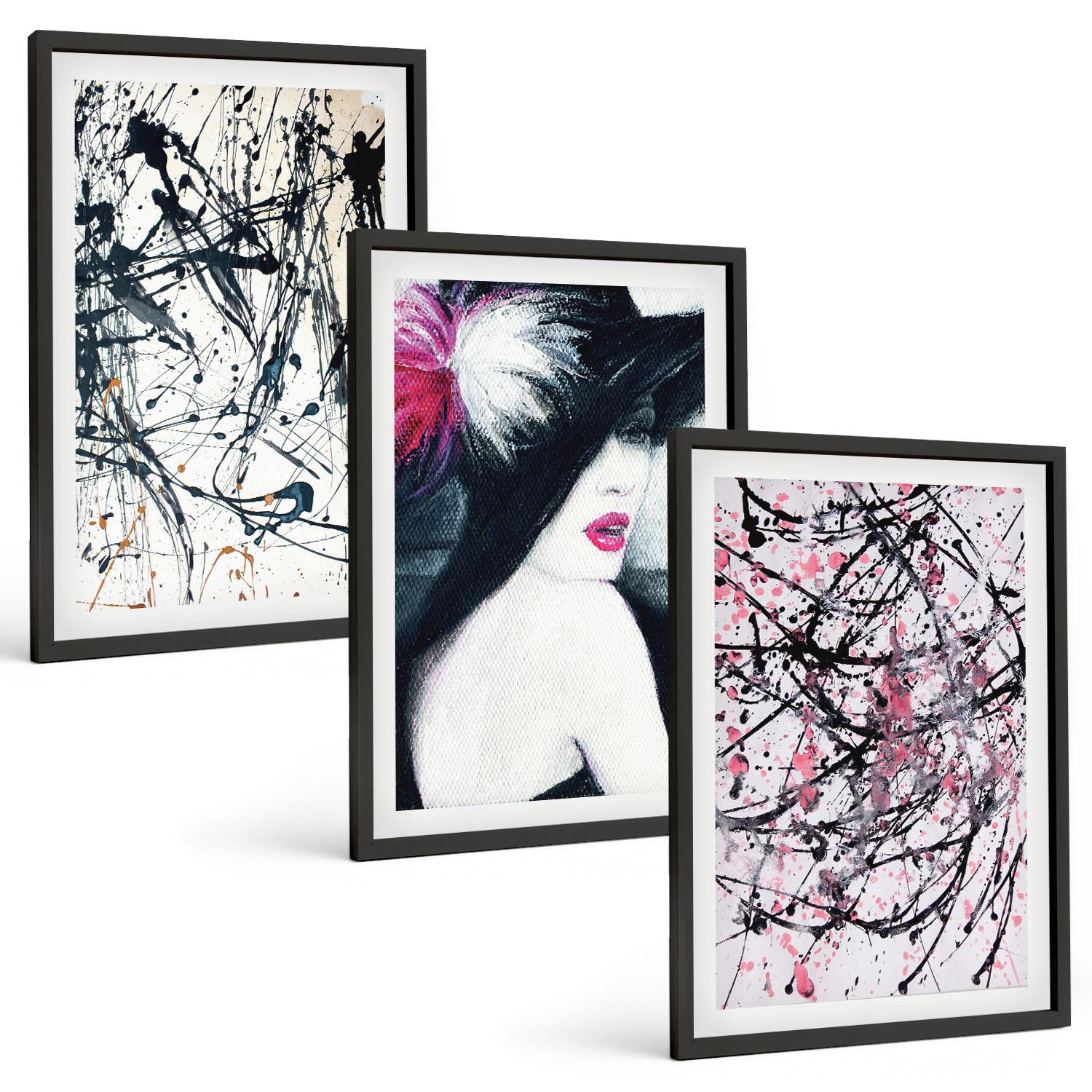 BILDER SET 3er Set - 40x60 cm Schwarzer Rahmen - Abstrakte Farbmuster Hut - Schwarz, Kunststoff (40/60cm) - TULUP