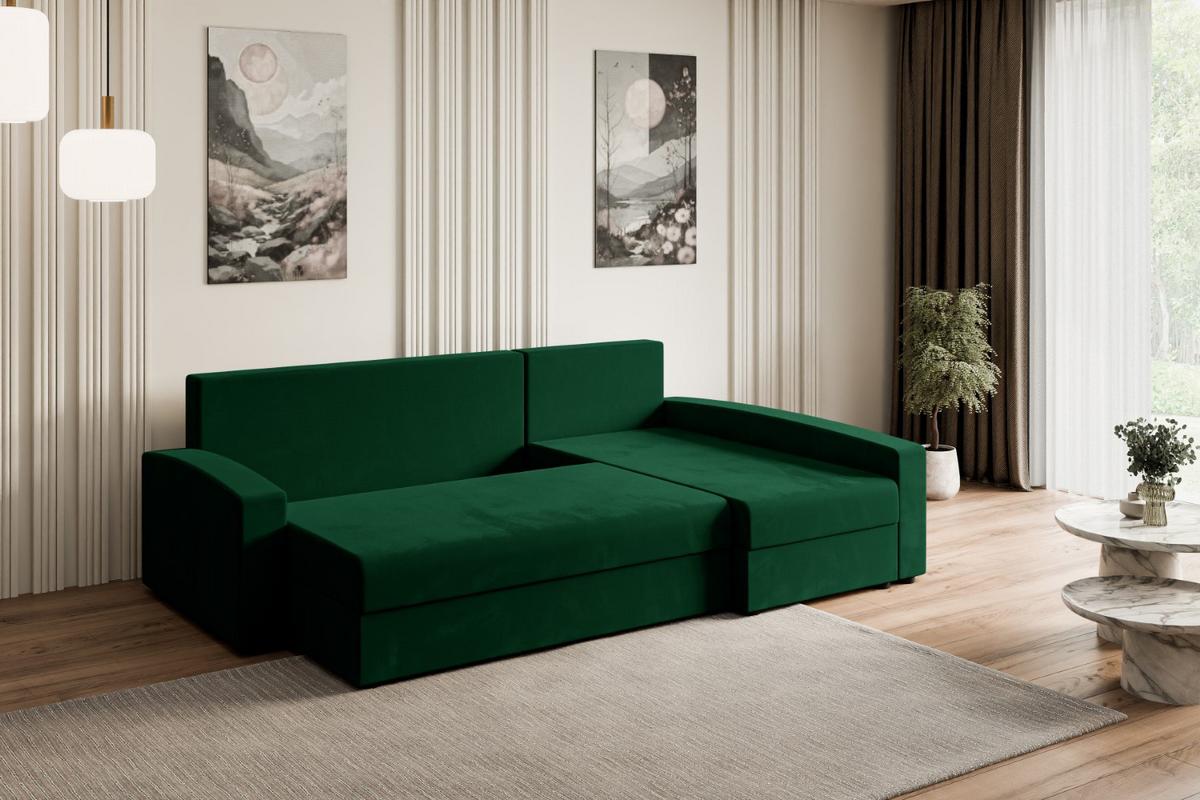 ECKSOFA mit Schlaffunktion und Bettkasten ALESIA-L 231x140x90 cm Grün Velours - Silberfarben/Grün, Holzwerkstoff/Kunststoff (231/140cm) - ALTDECOR