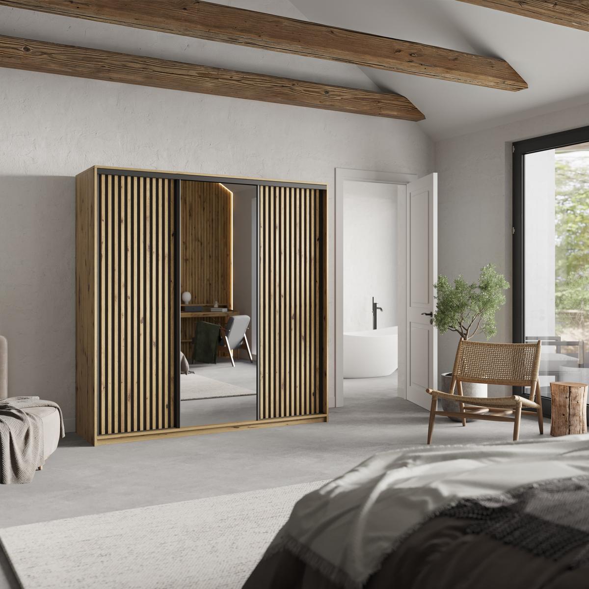 SCHWEBETÜRENSCHRANK ORRA 180/205/60 cm 3-türig mit Spiegel und Lamellen Eiche Artisan - Schwarz/Eiche Artisan, Holzwerkstoff (180/205/60cm) - MASSENO