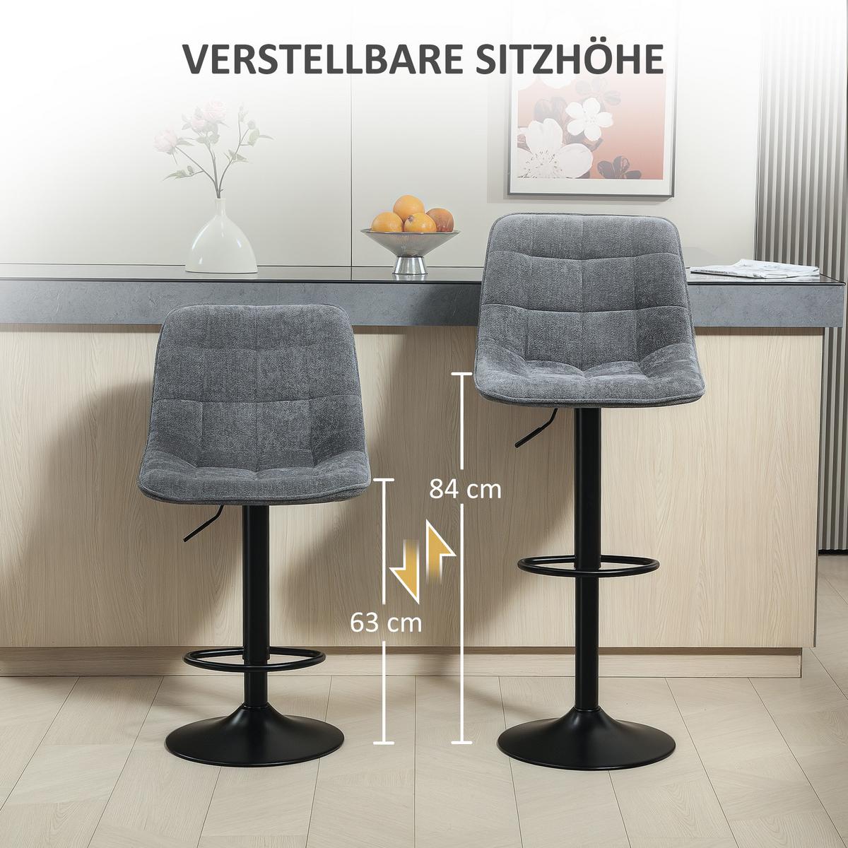 BARHOCKER 2er-Set, Gepolstert Barstuhl mit Lehne, Chenille-Optik Dunkelgrau - Dunkelgrau/Schwarz, Kunststoff/Textil (47/115.5/48cm) - HOMCOM