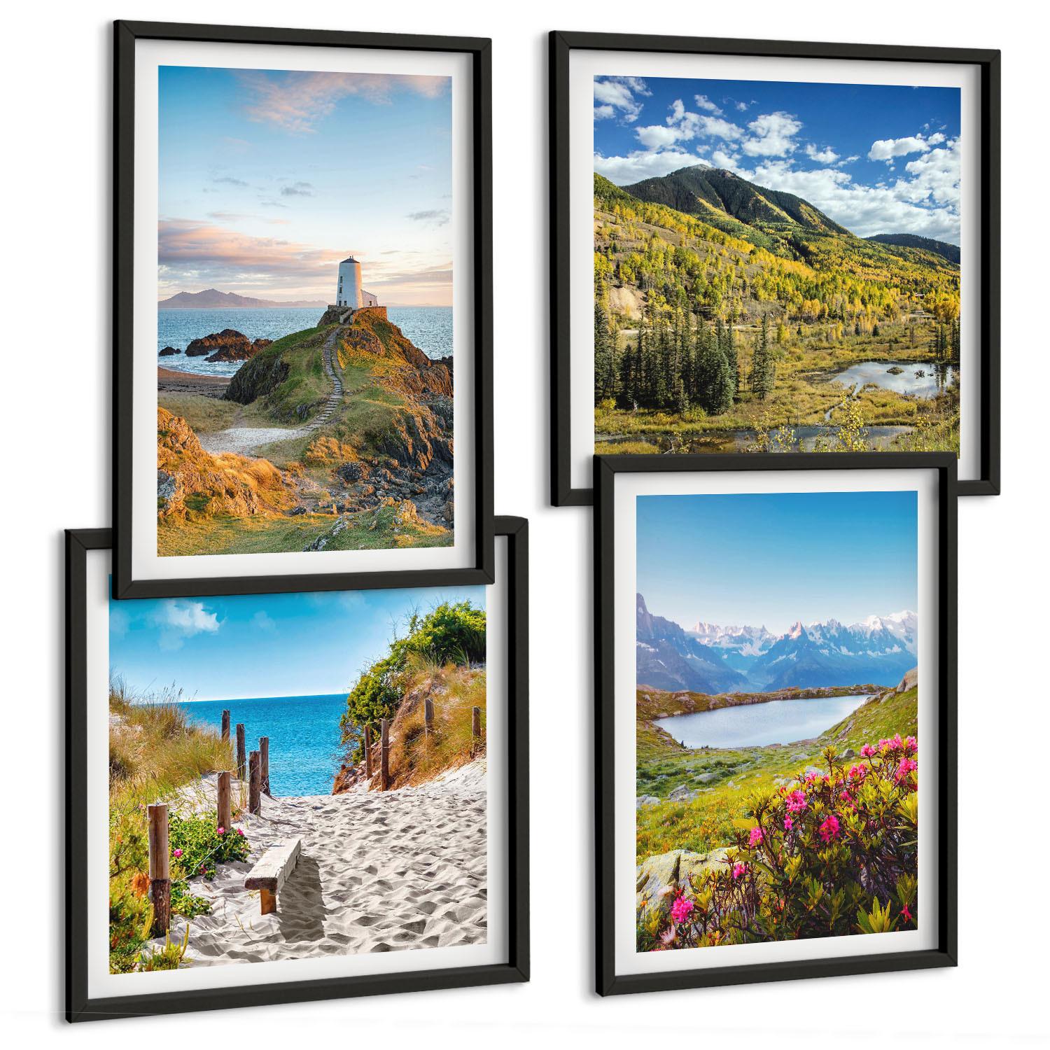BILDER SET 4er Set - 50x50 cm & 40x60 cm Schwarzer Rahmen - Strand, Leuchtturm, Berge, Wiesen, Blumen - Schwarz, Kunststoff (50/50cm) - TULUP