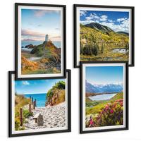 BILDER SET 4er Set - 50x50 cm & 40x60 cm Schwarzer Rahmen - Strand, Leuchtturm, Berge, Wiesen, Blumen - Schwarz, Kunststoff (50/50cm) - TULUP