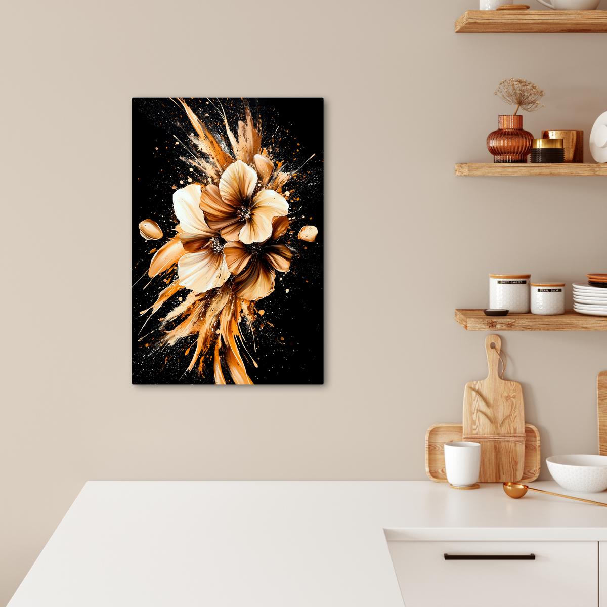 LEINWANDBILD Blumen - Gold - Graffiti - Schwarz - Abstrakt Wanddeko 40x60 cm - Cappuccino, Textil (40/60cm) - MuchoWow