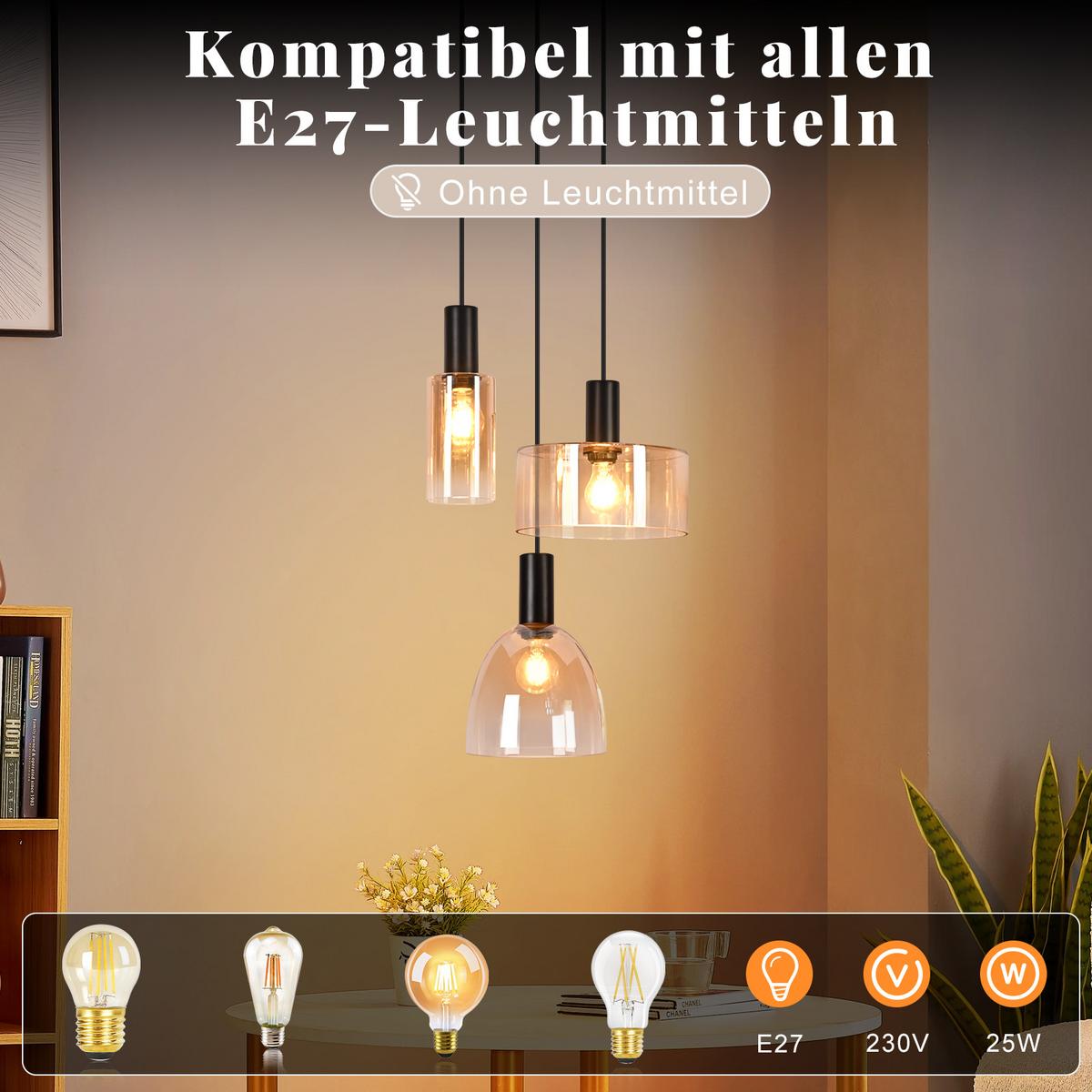 PENDELLEUCHTE Krell 22/25/180 cm - Bernsteinfarben/Schwarz, Glas/Metall (22/25/180cm) - ZMH