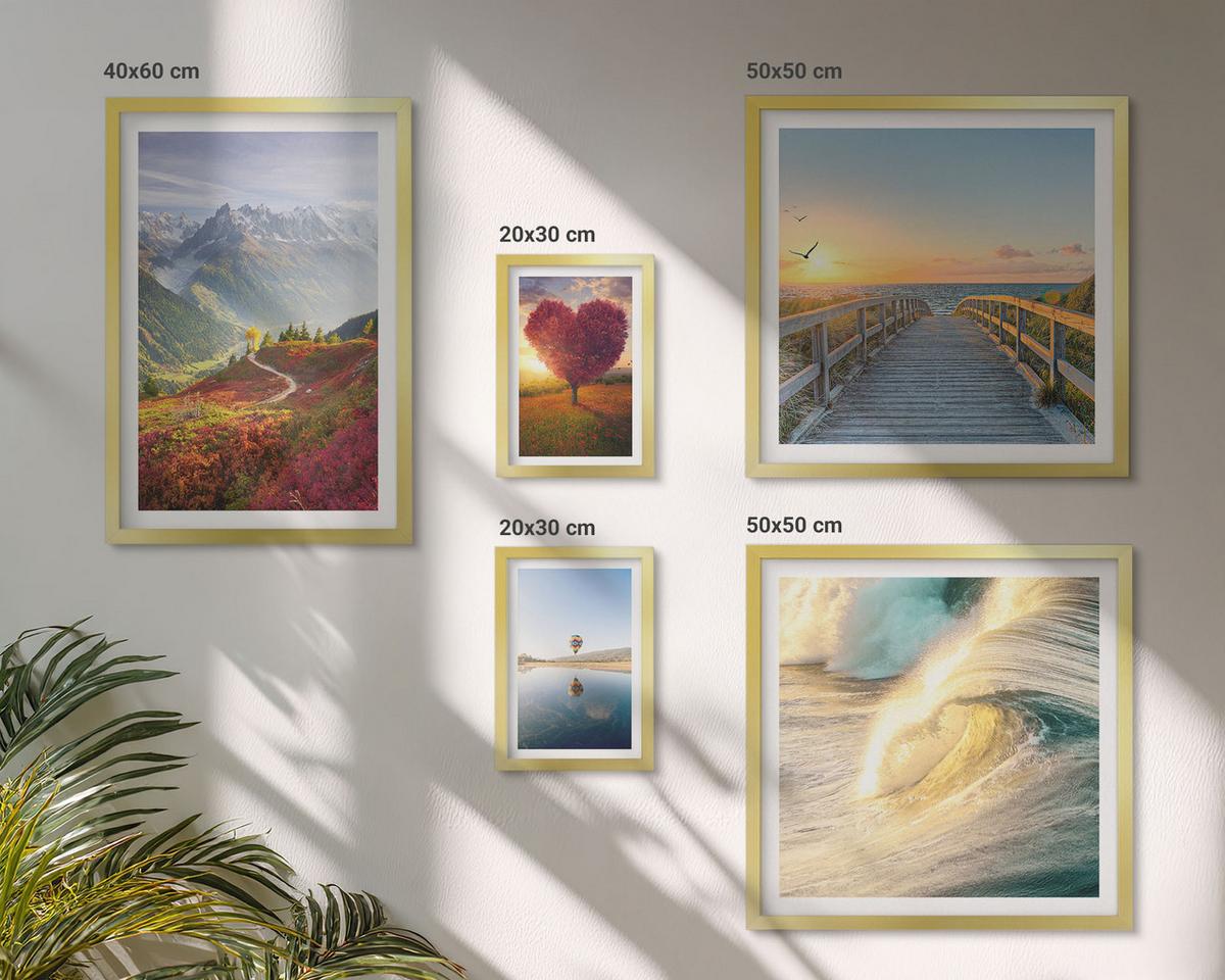 BILDER SET 5er Set - 50x50 cm & 20x30 cm & 40x60 cm Goldrahmen - Landschaften Berge Wellen Baum Herz Pier - Goldfarben, Kunststoff (40/60cm) - TULUP